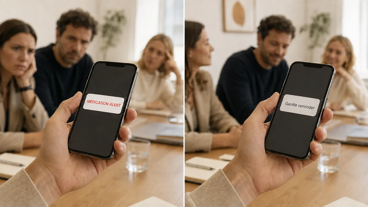 Comparison of two phone notifications: on the left a harsh red "MEDICATION ALERT," on the right a plain, discreet "Gentle reminder."