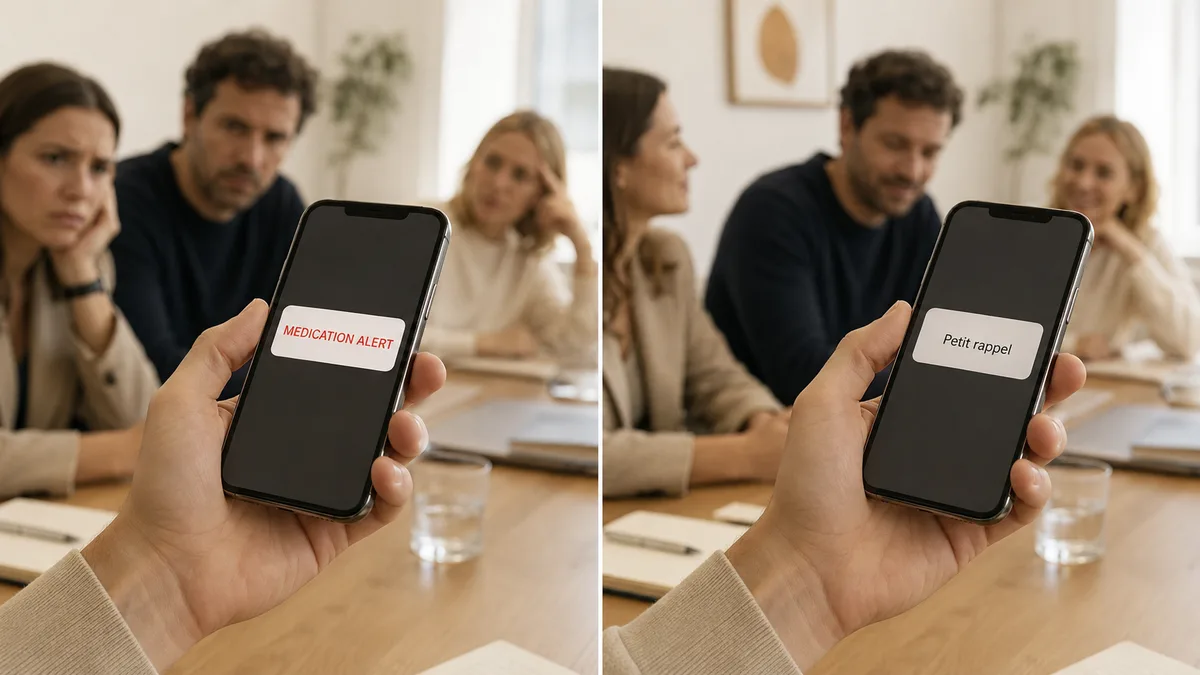 Comparaison de deux notifications sur téléphone : à gauche une alerte rouge criarde « MEDICATION ALERT », à droite un rappel discret « Petit rappel ».