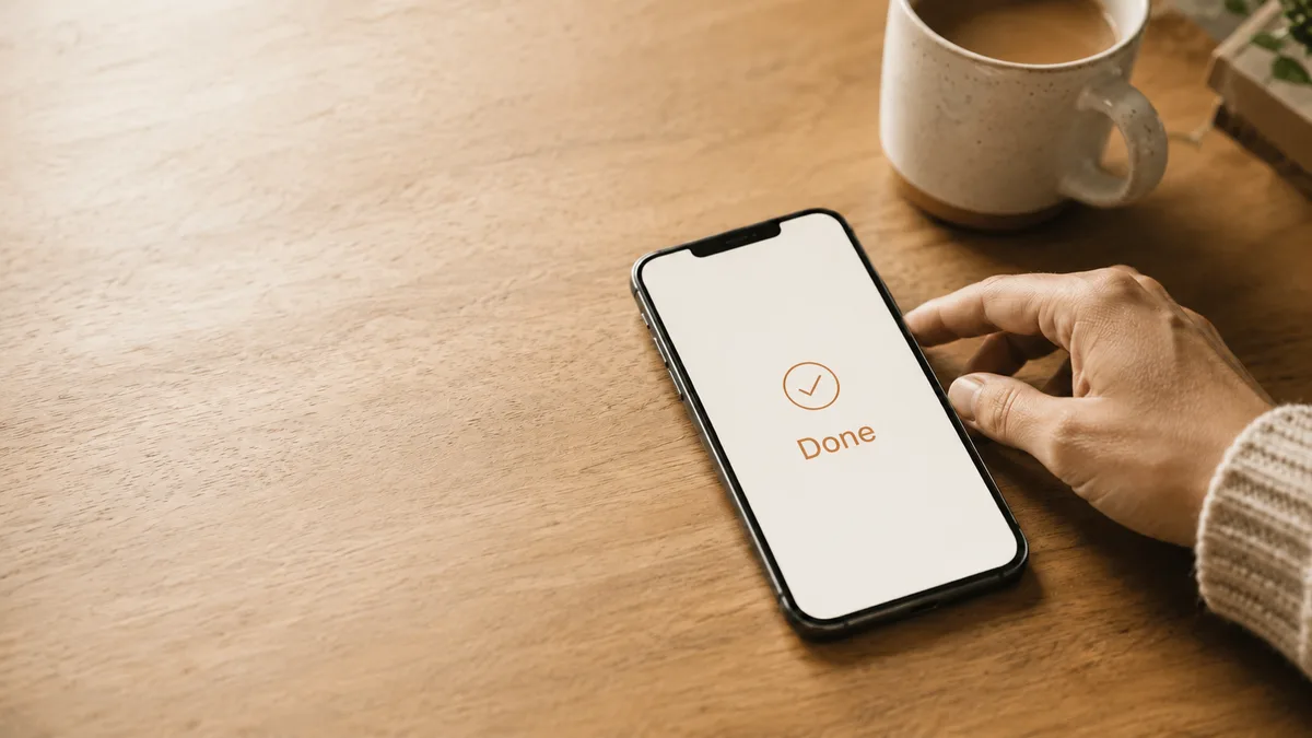 A phone resting on a wooden table shows an orange checkmark and the word "Done," confirming a reminder was followed through.