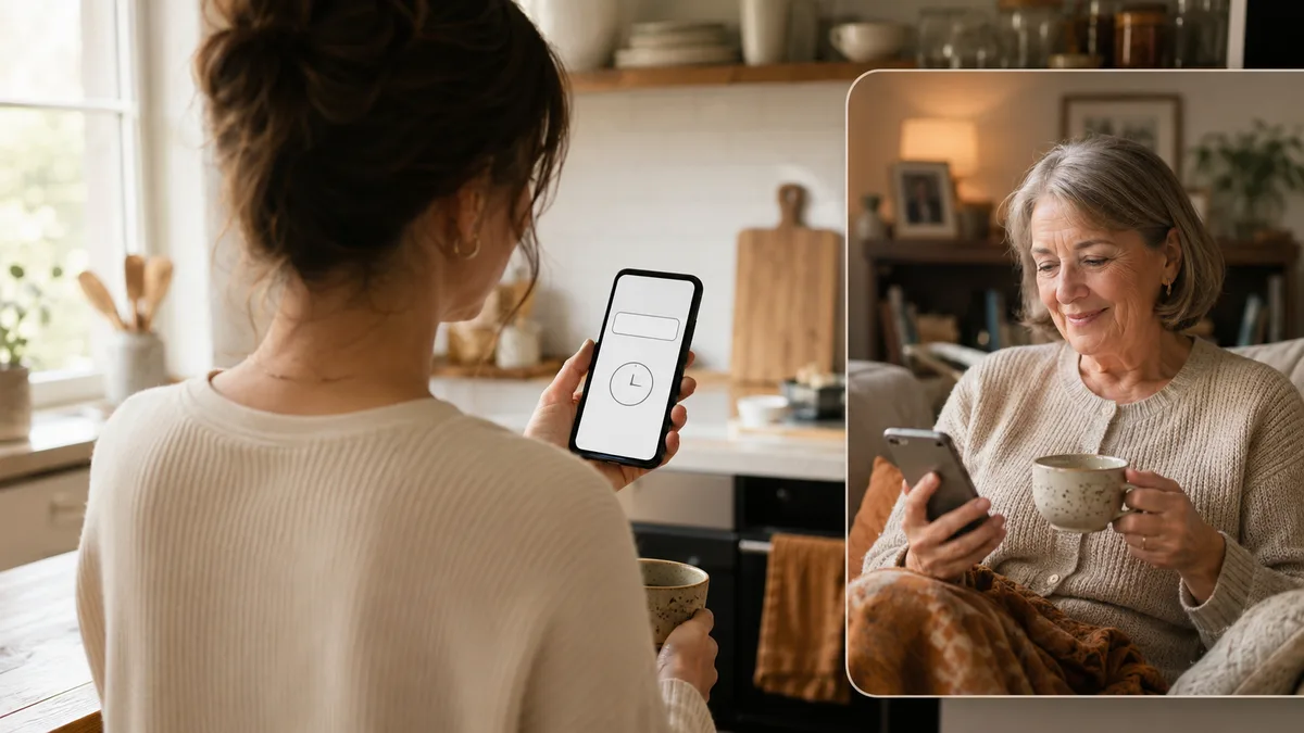 A woman checks a discreet reminder on her phone in her kitchen; another person, relaxing at home with a mug, gets the same reminder.