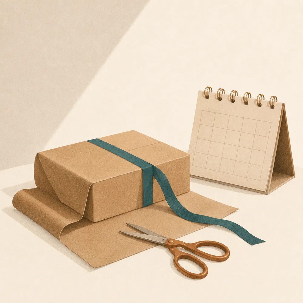 A half-wrapped kraft-paper gift box with a teal ribbon, scissors, and a spiral desk calendar in the background.