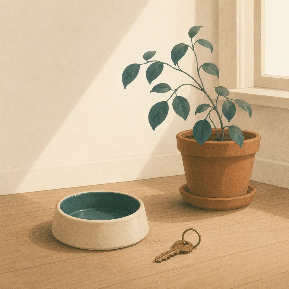 A blue-and-white ceramic pet bowl on a wooden floor next to a brass key ring.