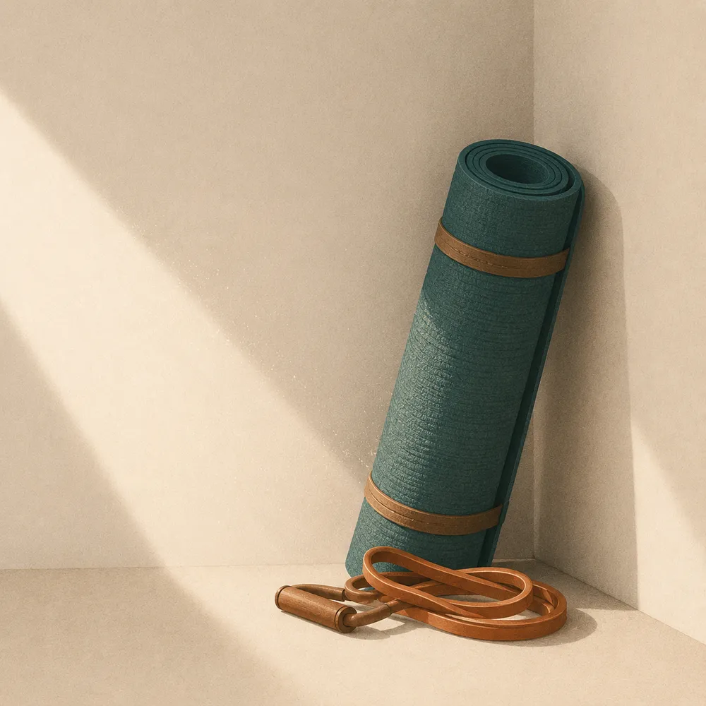 A rolled-up green yoga mat leaning in a corner, with a jump rope lying on the floor in front of it.