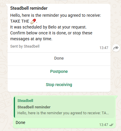 Screenshot of a Steadbell WhatsApp message with three response buttons